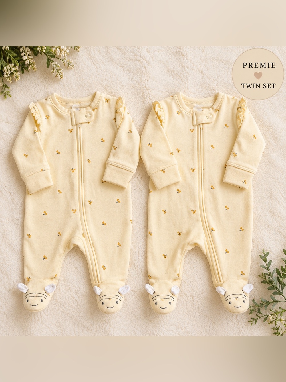 Carter's Pale Yellow Bee-Print Footed One-Piece Preemie